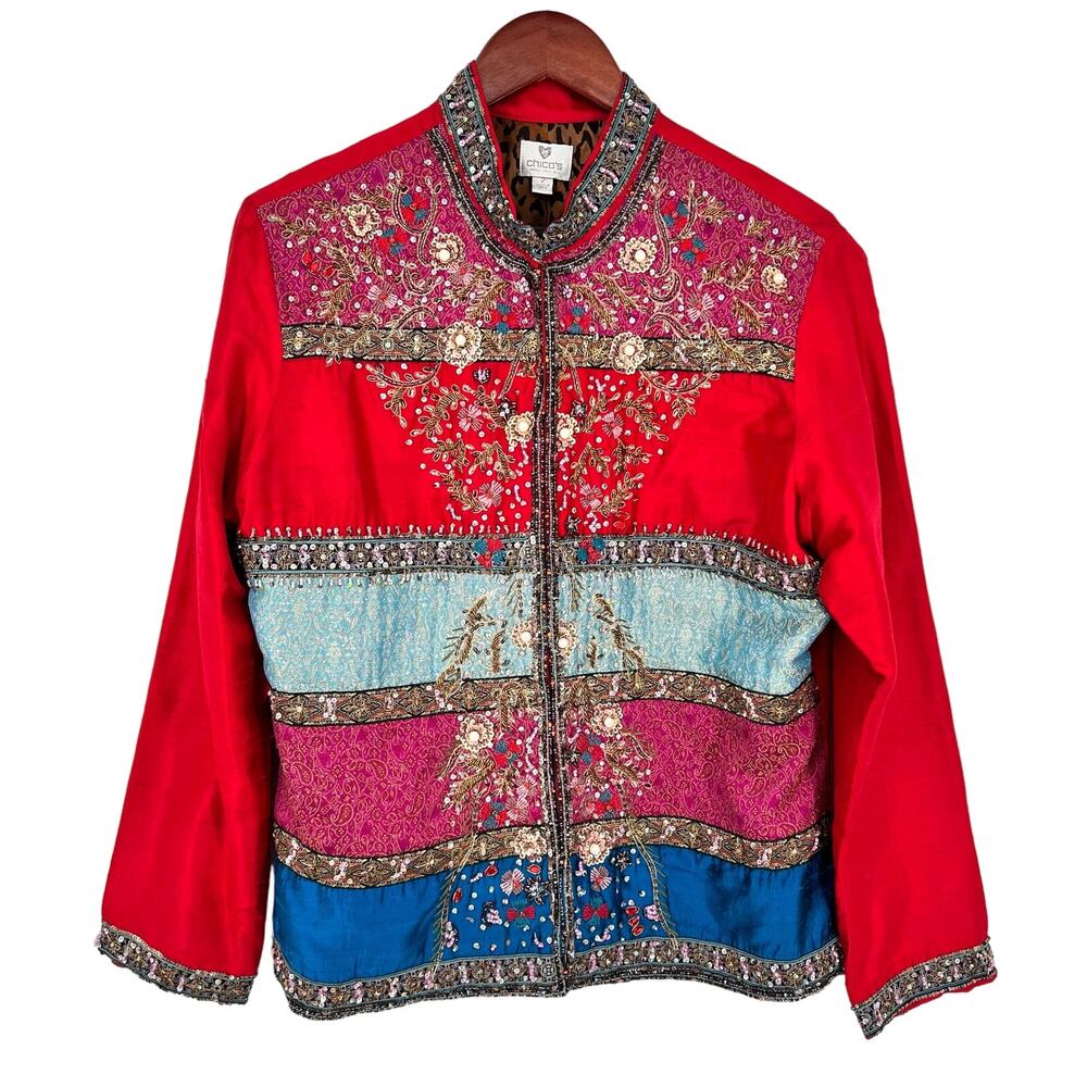 Chicos 2 Large Red Heavily Beaded SILK Wearable Jacket Blouse Shirt Top Artsy
